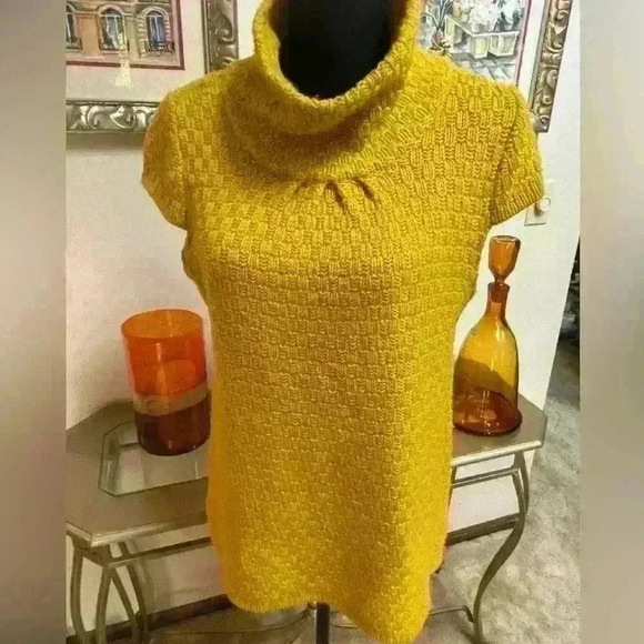 BY ARTISAN CABLE KNIT COWL NECK YELLOW CAP SLEEVE FALL SWEATER SZ M 💛 AUTUMN - Picture 6 of 8
